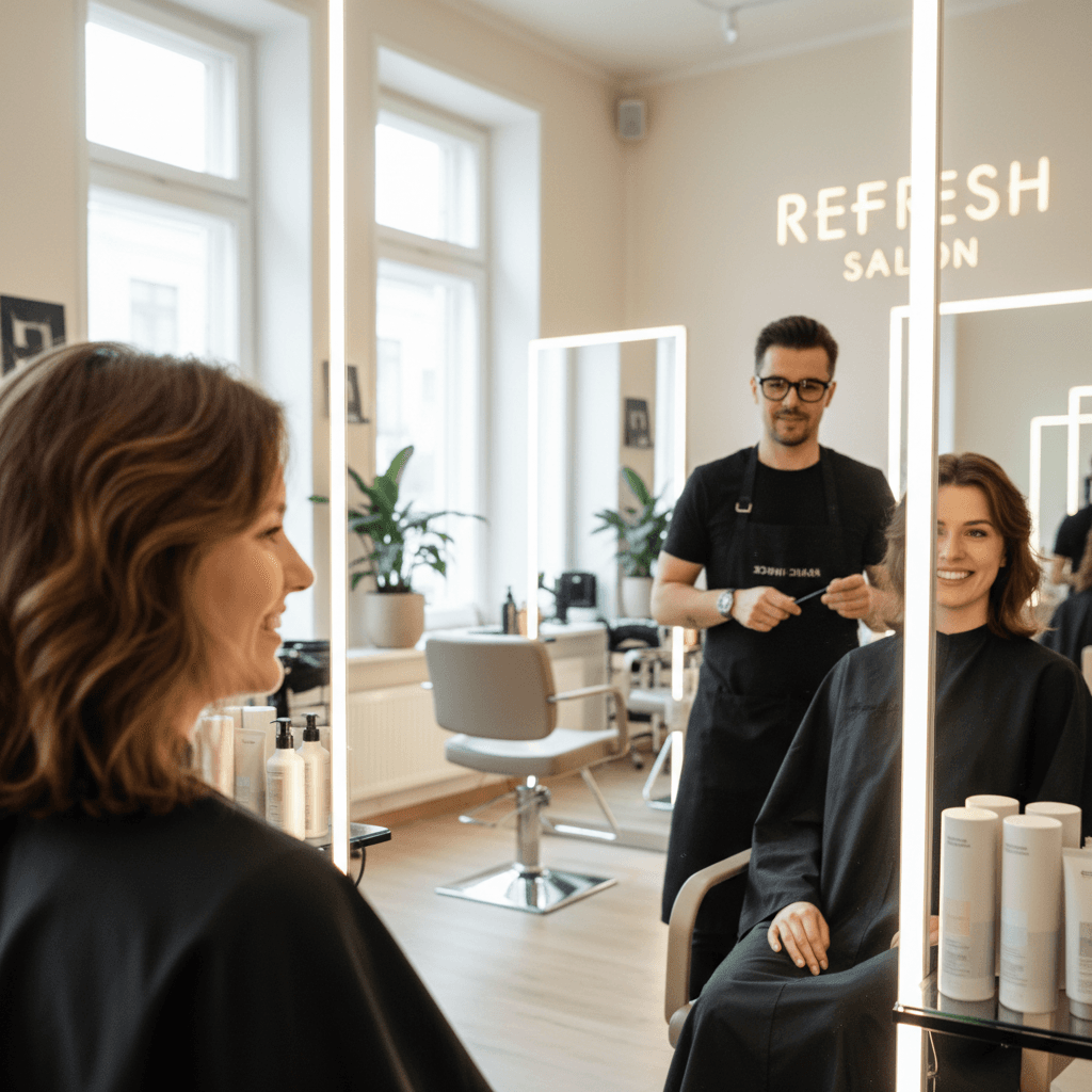Client admiring professional haircut result